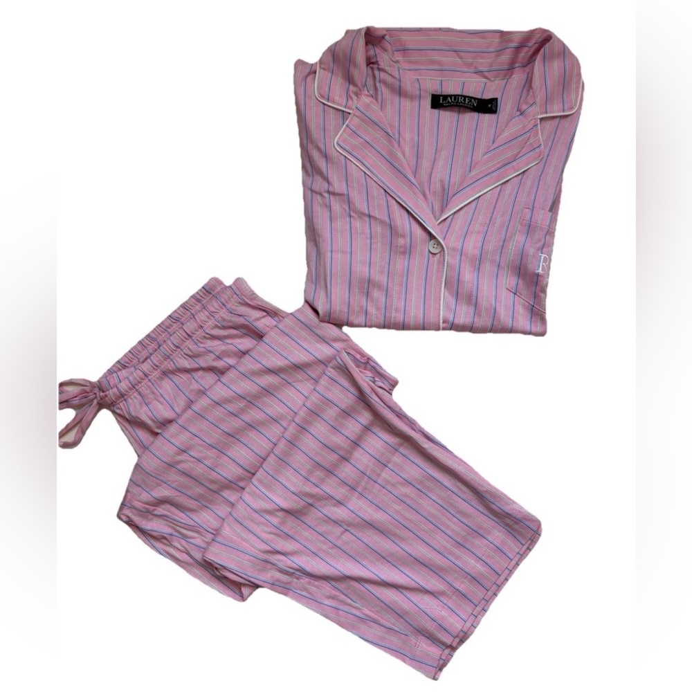 NWT Ralph Lauren Pink Striped Notch Collar Short Sleeve Pajama Set Large